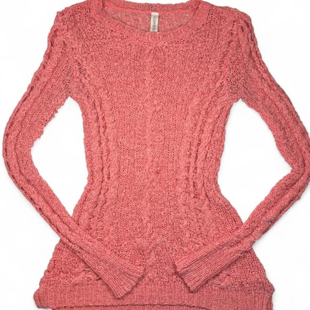 Aeropostale Coral Open Knit Long Sleeve Sweater Top Womens‎ Small Babydoll Y2K
